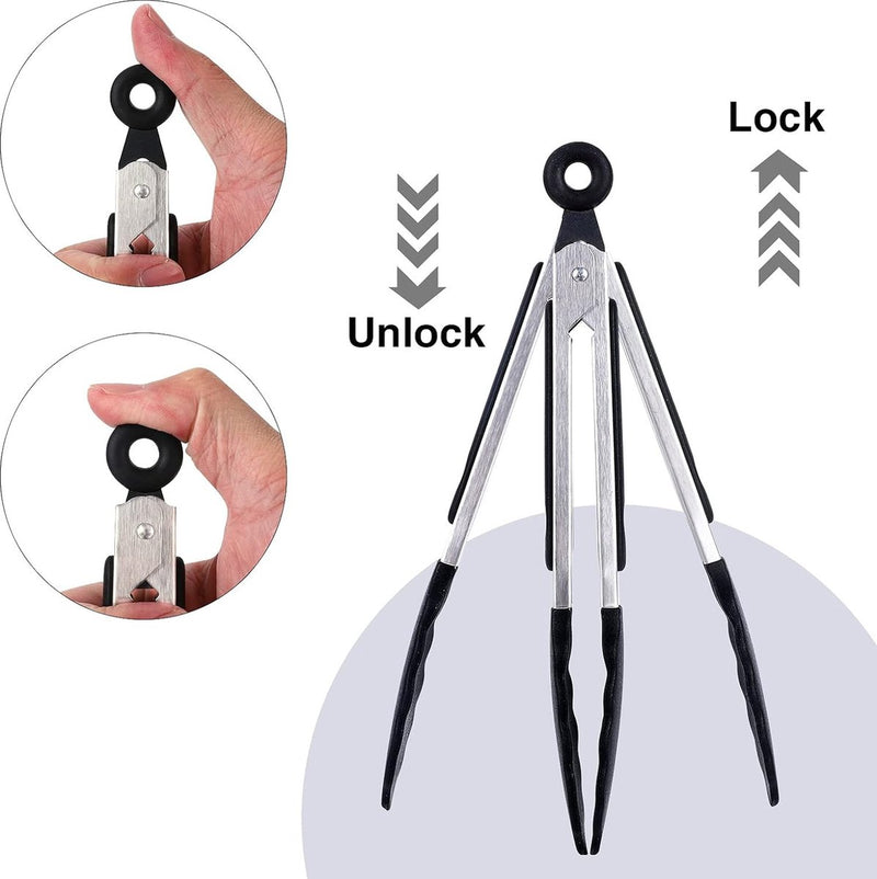 Keukentangenset van 3 roestvrijstalen barbecuetangen met siliconen tips voor koken, grillen, buffet, 18/23/30 cm (zwart)