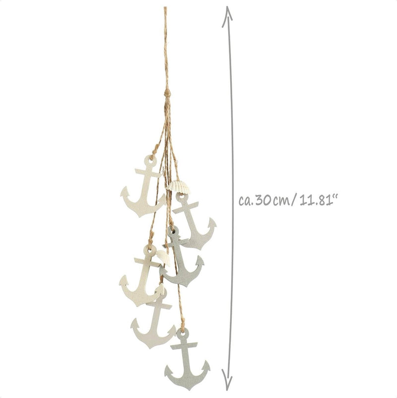 3 x hangdecoratie, maritiem, decoratie om op te hangen, stuurwiel, anker en vuurtoren met schelpen, hangdecoratie van hout (3 stuks, grijs/wit/blauw)