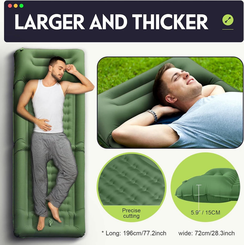 Reis-isomat, luchtmatras, zelfopblazend, verdikte opblaasbare isomat, camping met voetpers, pomp, opblaasbaar luchtmatras, ultralicht, isolatiemat met hoofdkussen, oogmasker, oordopjes