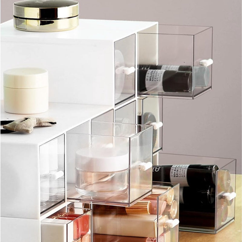 Opbergdozen, witte make-up organizer met 3 lades, stapelbare opbergdoos, opberglades voor mascara, sieraden, nagellak, lippenstift en meer