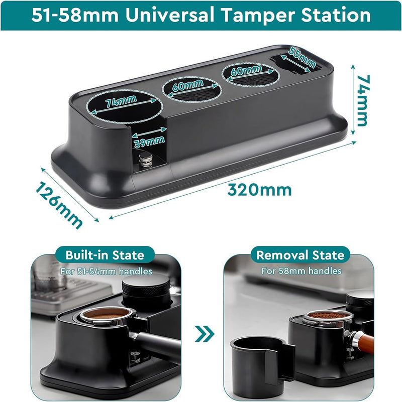Tamperstation, 51-58 mm, zwart, toebehoren, espresso-tamperhouder, ABS, in hoogte verstelbaar, tamperhouder, standaard, universeel, multifunctioneel, onderhoudsvriendelijk