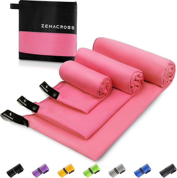 microvezelhanddoek (set van 3) met transporttas - sneldrogende en veelzijdige fitnesshanddoek - sporthanddoek maten S, M, L - roze