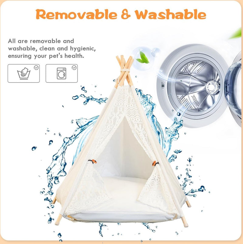 Tipi-tent Hond, Tipi-tent voor huisdieren Hondentent Kattentent Huisdierententen Huizen Huisdier-tipi met kussen Afneembaar en wasbaar Huisdierbed 50 x 50 x 60 cm