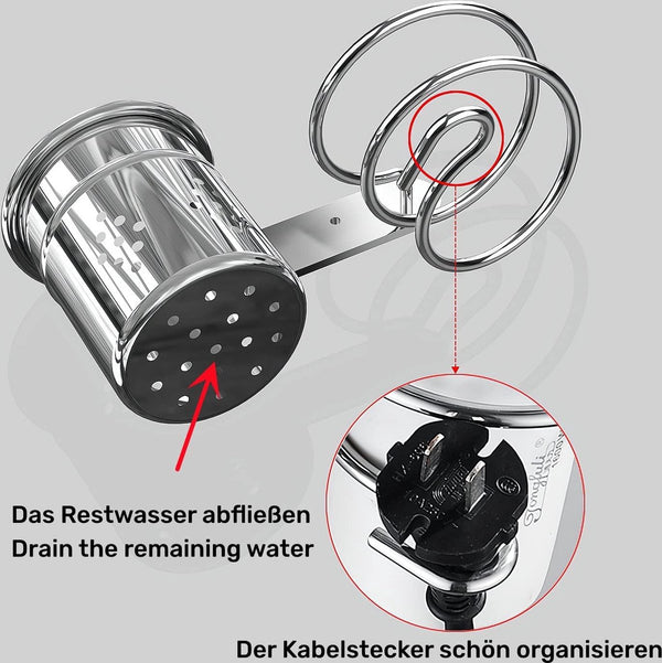 Föhnhouder roestvrij staal, haardrogerhouder zonder boren, zelfklevende houder, glanzend gepolijst roestvrij staal (föhnhouder)