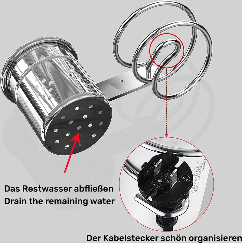 Föhnhouder roestvrij staal, haardrogerhouder zonder boren, zelfklevende houder, glanzend gepolijst roestvrij staal (föhnhouder)
