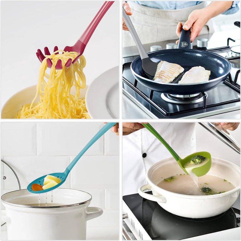 Keuken gadgets Set van 4 - (spatel siliconen, soeplepel, schuimlepel, spaghettilepel) keukengerei, spatel kunststof, pollepel, schuimspaan, spaghetti lepel, keukenhulp