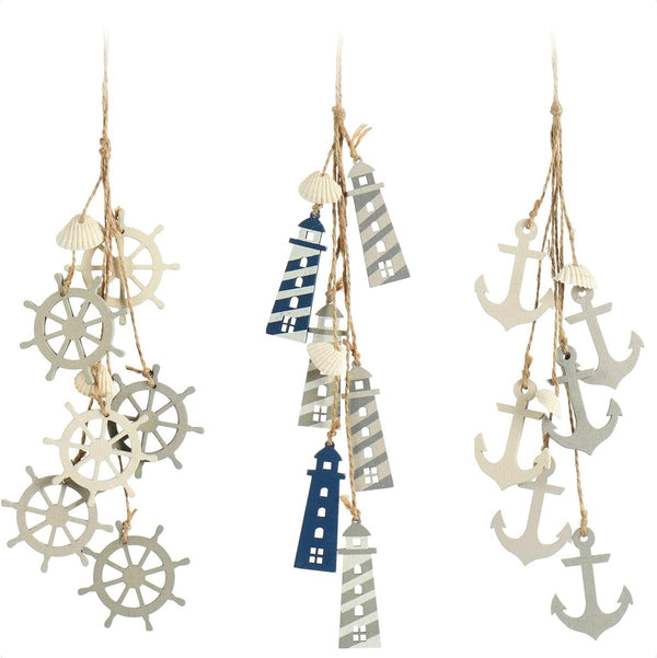 3 x hangdecoratie, maritiem, decoratie om op te hangen, stuurwiel, anker en vuurtoren met schelpen, hangdecoratie van hout (3 stuks, grijs/wit/blauw)