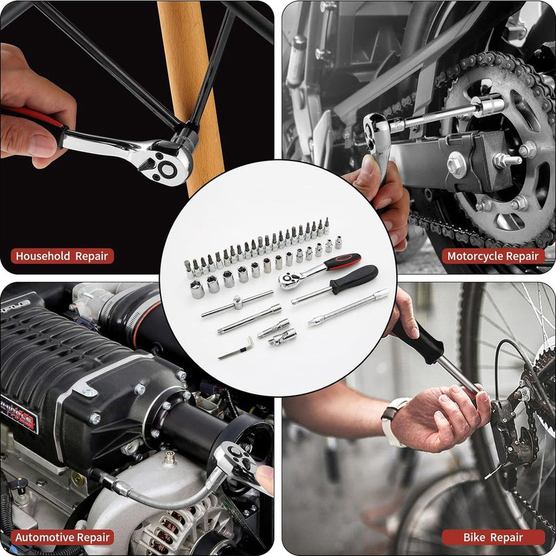 Cr-V 46-delige set platte moersleutelset met ratel en dopsleutel Ratelsleutel 1/4 inch 72 tanden ratelsleutel met gereedschapskist Mechanisch gereedschap verchroomd