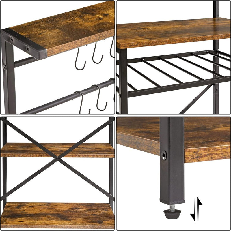 Keukenrek met 5 planken, bakkersrek, staand rek, magnetronrek met verstelbare wijnhouders en S-haken, multifunctionele organizer, voor magnetron, kookgerei, bruin-zwart