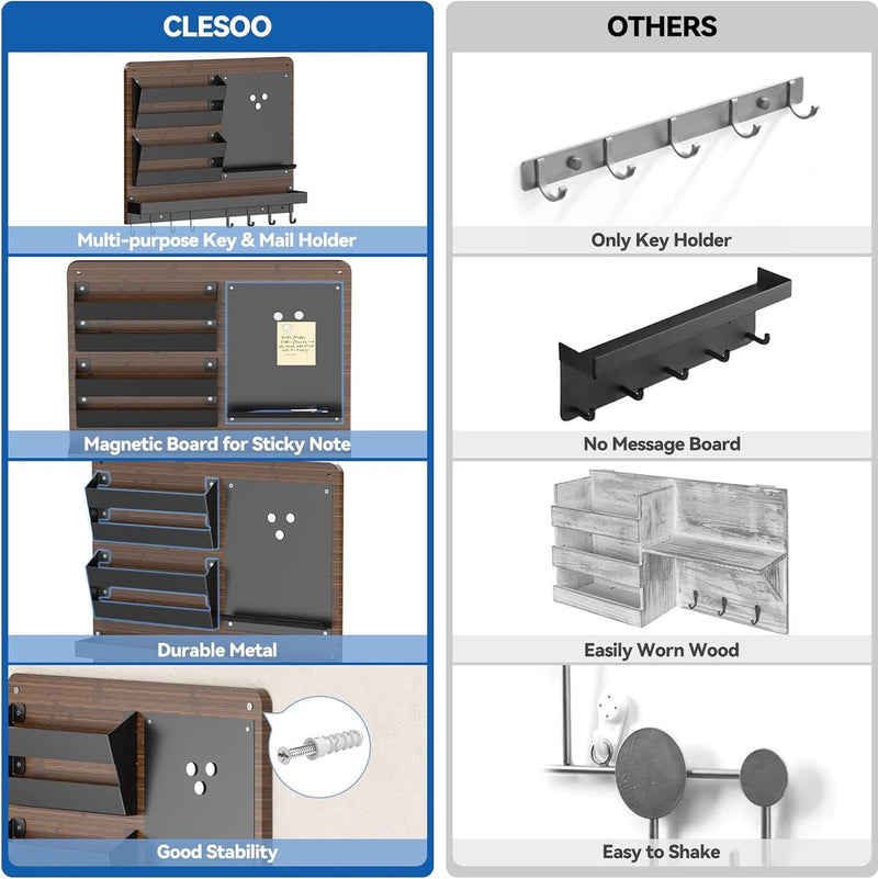Sleutelrek met plank en brievenhouder, 8 sleutelhouders, wandbrievenbakje met 2 posthouders, memobord- sleutellijst, sleutelbord, decoratie, sleutelhaken voor verbindingsgang gang