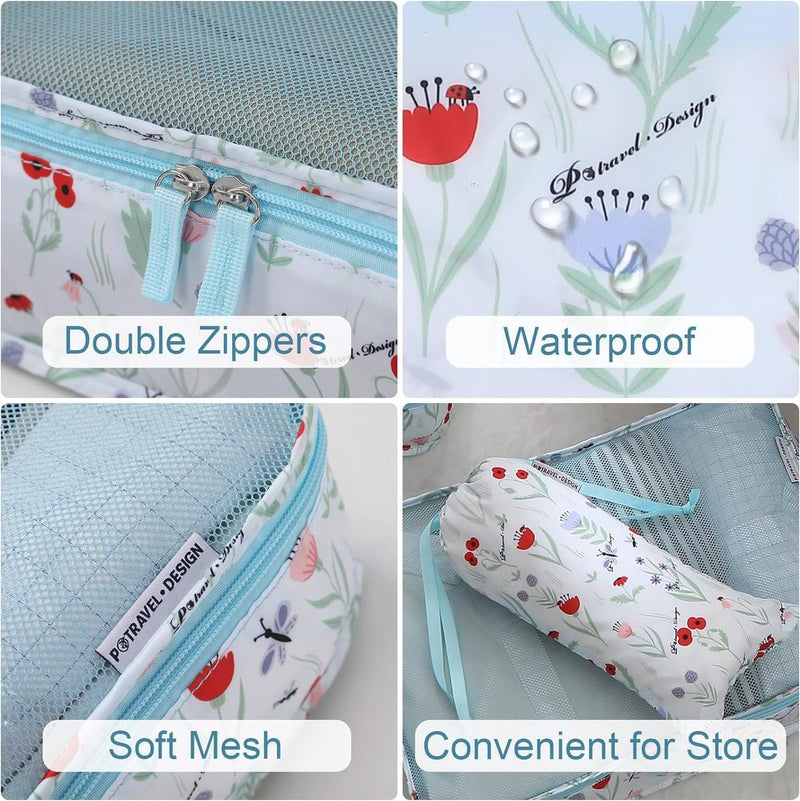 Kledingtassenset, 6 stuks kofferorganizer, reiskubussen, pakzakken voor vakantie en reizen - bloemen