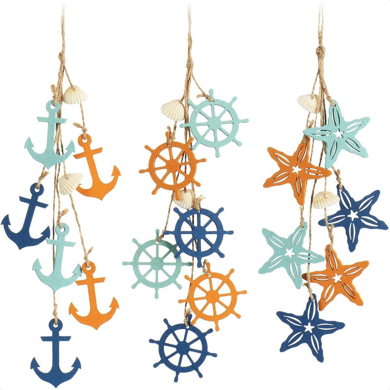 3 x hangdecoratie, maritiem, decoratie om op te hangen, zeester, anker en stuurwiel van hout, met schelpen, hangdecoratie (3 stuks, 38 cm)