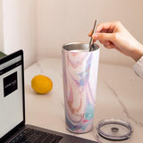 Vacuüm geïsoleerde roestvrijstalen mok, 780 ml drievoudig geïsoleerde reismok met spatwaterdicht deksel voor ijskoffie en warme dranken, 2 stuks (roze rimpel en lotusbloem)