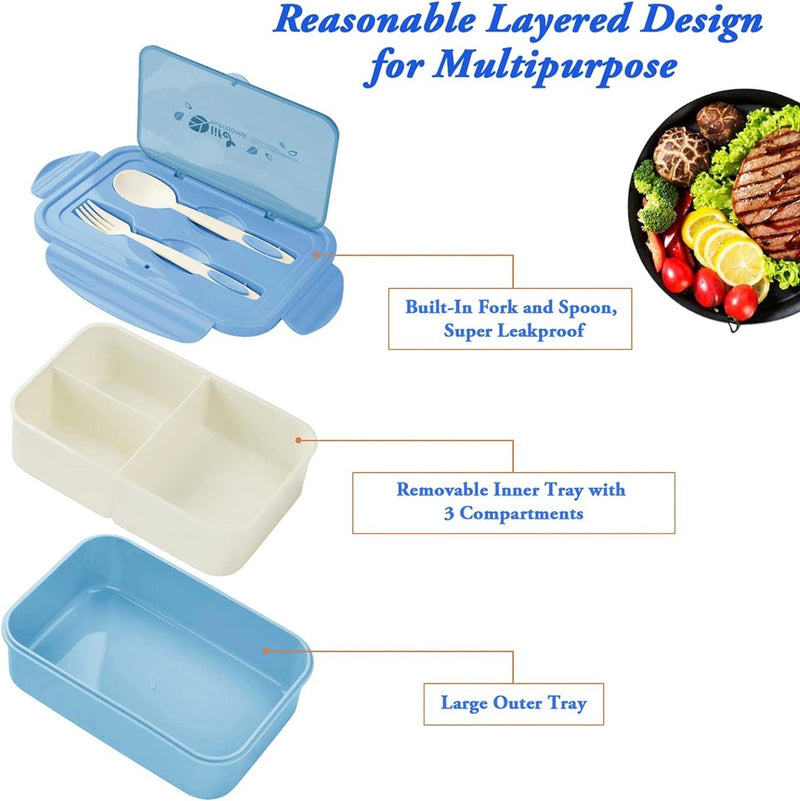 Lunchtrommel, bento box, broodtrommel met 3 vakken en bestek, lekvrij, broodtrommel, koelkast, vaatwasmachinebestendig, magnetronbestendig, broodtrommels voor school, werk, picknick, reizen (blauw)