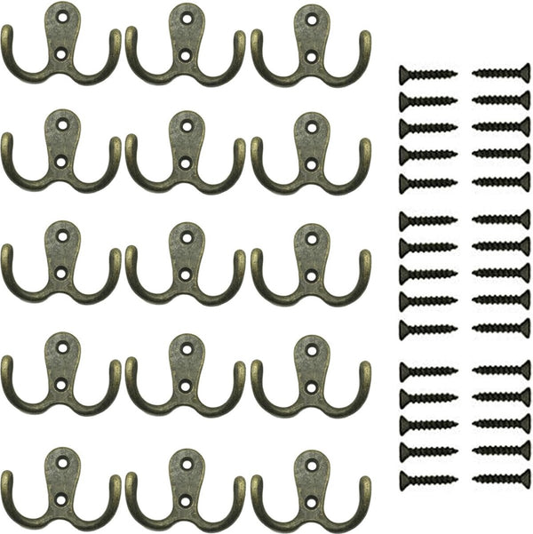 Kledinghaken, 15 stuks, dubbele wandhaken, haken, metaal, kleerhanger met schroeven, voor badkamer, keuken, retro