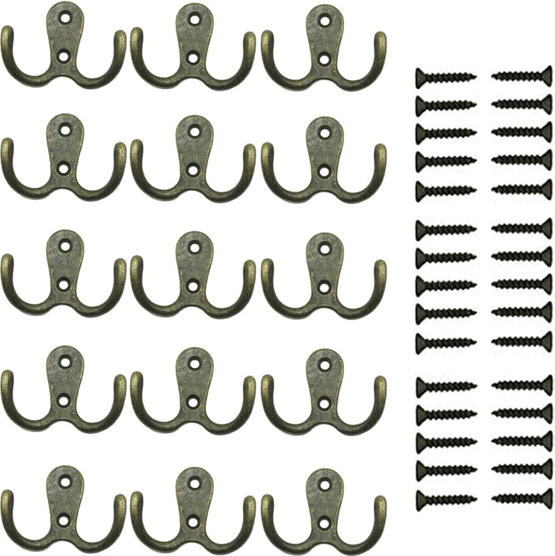 Kledinghaken, 15 stuks, dubbele wandhaken, haken, metaal, kleerhanger met schroeven, voor badkamer, keuken, retro