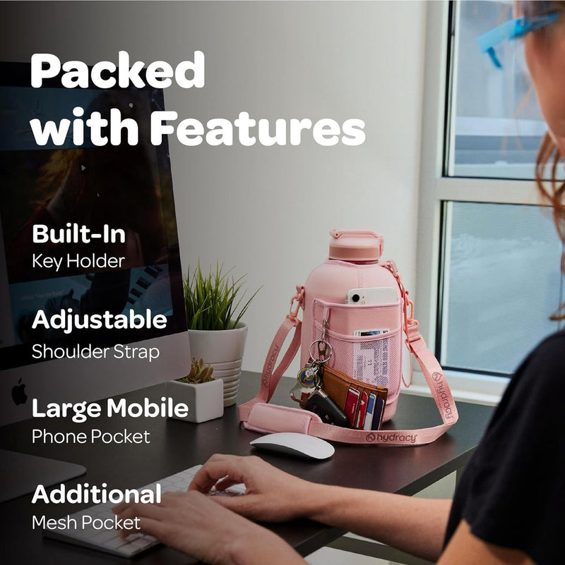 Waterfles met hoes met zakken - 2,3 L waterfles met rietje en handvat - BPA-vrije waterfles met tijdmarkering - Fles lekvrij - Sport- en buitenwaterfles