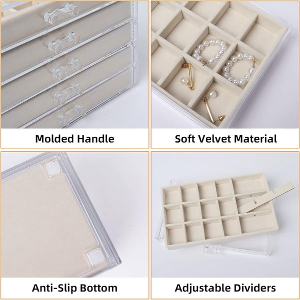 Sieradendoos van acryl met 5 laden, opbergruimte voor oorbellen, opbergdoos voor sieraden voor oorbellen, ring, sieradenorganizer (beige)