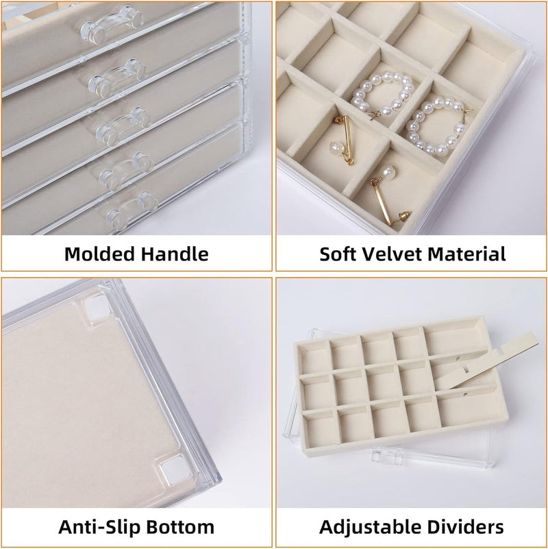 Sieradendoos van acryl met 5 laden, opbergruimte voor oorbellen, opbergdoos voor sieraden voor oorbellen, ring, sieradenorganizer (beige)