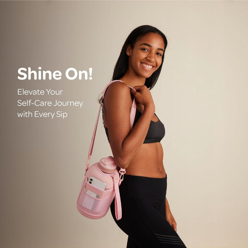 Waterfles met hoes met zakken - 2,3 L waterfles met rietje en handvat - BPA-vrije waterfles met tijdmarkering - Fles lekvrij - Sport- en buitenwaterfles