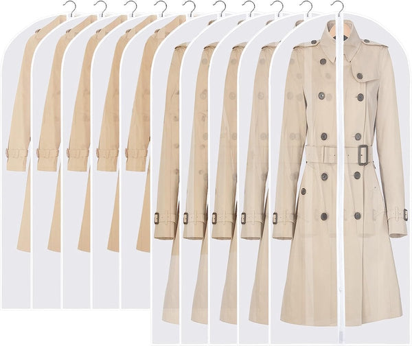 Transparante kledingzakken met ritssluiting, Ouinne-verpakking van 10 kledingzakken lang, 60 x 120 cm/140 cm, voor kledingopslag, doorschijnende pakzakken, kledinghoezen voor jassen, jassen (wit)