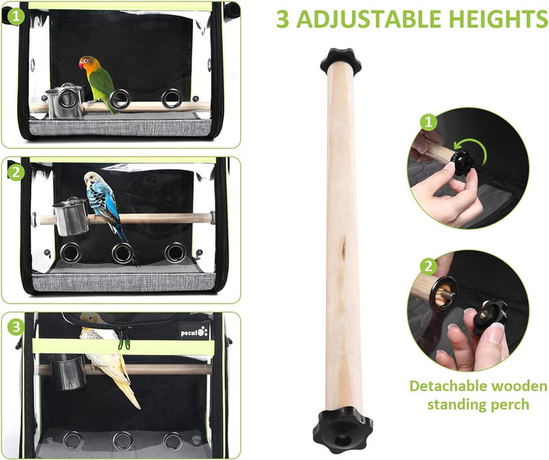 Rugzak voor vogels met houten stok, lichtgewicht vogeltransporttas, waterdichte papegaaienreisrugzak met roestvrijstalen bakje en staande staaf, vogeltransportdoos, 34 x 28 x 43 cm