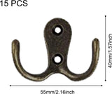 Kledinghaken, 15 stuks, dubbele wandhaken, haken, metaal, kleerhanger met schroeven, voor badkamer, keuken, retro