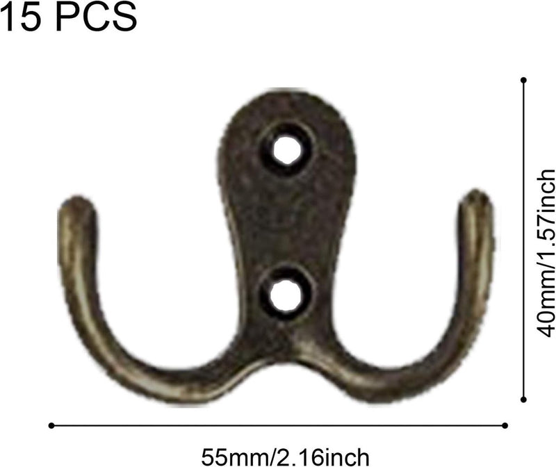 Kledinghaken, 15 stuks, dubbele wandhaken, haken, metaal, kleerhanger met schroeven, voor badkamer, keuken, retro