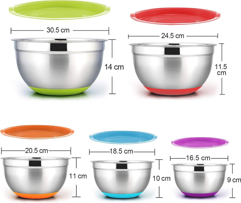 5-delige mengkommenset van roestvrij staal met luchtdichte deksel en antislip siliconen bodem, stapelbaar en veelzijdig, geschikt voor de vaatwasser, 7,6 l, 4,7 l, 2,8 l, 2,4 l, 1,4 l