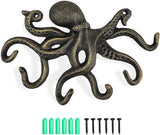 Oktopus garderobehaken, rustieke garderobehaken, gietijzeren wandhaken met schroeven, kledinghaken, om op te hangen, kleding, sleutels, hoeden, tassen, zwart-goud