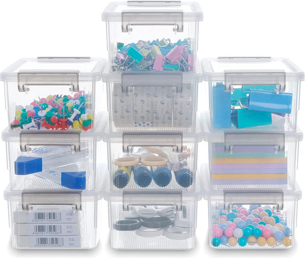 Opbergdoos, kleine opbergdoos, met deksel, stapelbaar, handgreep, clips, kleine onderdelen (500 ml, 10-delige set)