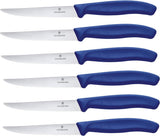 Swiss Classic, professionele steakmessenset, 6-delig, extra scherp lemmet, gekarteld, 11 cm, robuuste kunststof handgreep, roestvrij staal, blauw