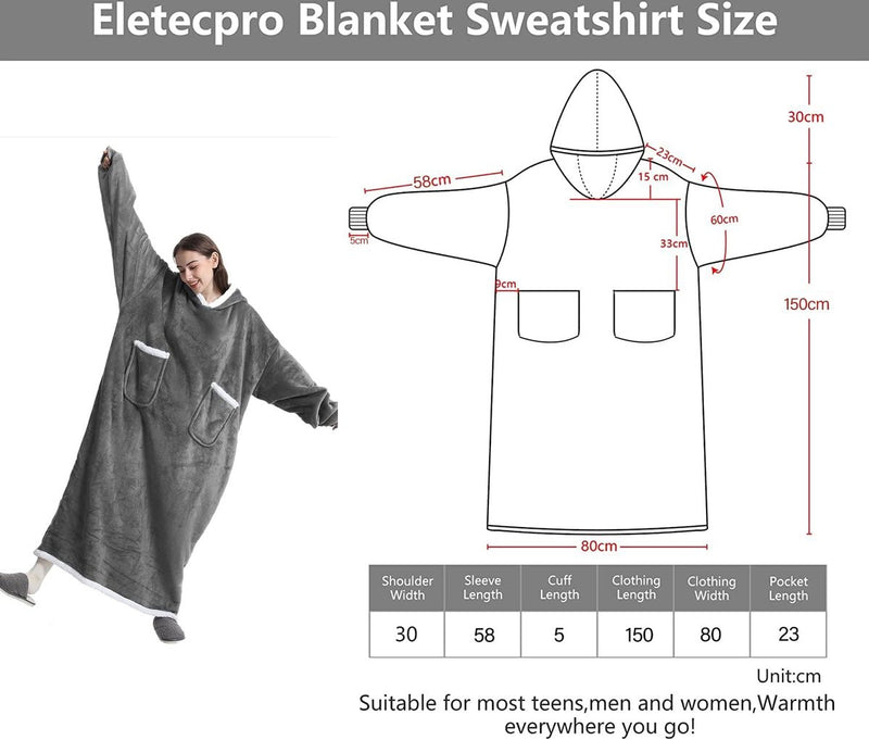 Knuffeldeken met mouwen, deken met mouwen en capuchon, oversized, enorme hoodiedeken met 2 voorzakken, zacht, warm, flanel, draagbaar, full-body deken, volwassenen, uniseks, donkergrijs
