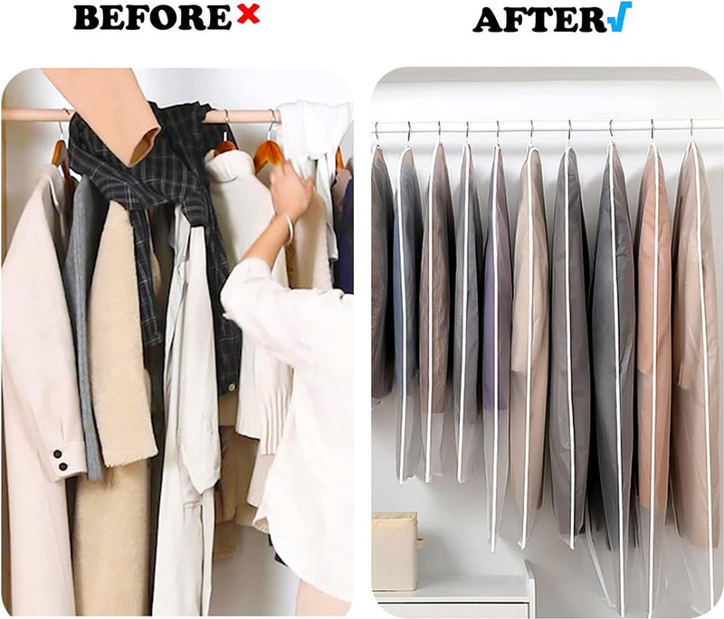 12 stuks kledingtassen, 60 x 80/100/120/140 cm, witte rand, doorschijnende kostuumtas, kledinghoes, kostuumtas, avondjurk, trouwjurk, jassen, overhemden, stof- en waterdicht