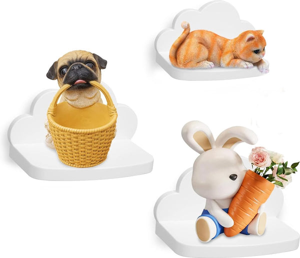 Wandrek, zwevend rek, 3-delige set, hangend, creatief voor slaapkamer, woonkamer, keuken en hal, wolken, wandplank, kleine afmetingen, wolken, wit