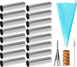 Cannoli-buisjes, 19-delige iriserende krulvorm van roestvrij staal schuimrollers crèmerollen schuimrollervormen met reinigingsborstel - taartspuitmondjes spiraalhoorn bakvorm bakken