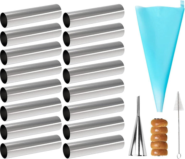 Cannoli-buisjes, 19-delige iriserende krulvorm van roestvrij staal schuimrollers crèmerollen schuimrollervormen met reinigingsborstel - taartspuitmondjes spiraalhoorn bakvorm bakken