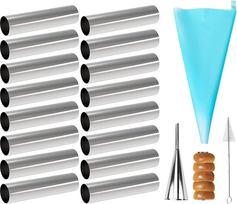 Cannoli-buisjes, 19-delige iriserende krulvorm van roestvrij staal schuimrollers crèmerollen schuimrollervormen met reinigingsborstel - taartspuitmondjes spiraalhoorn bakvorm bakken