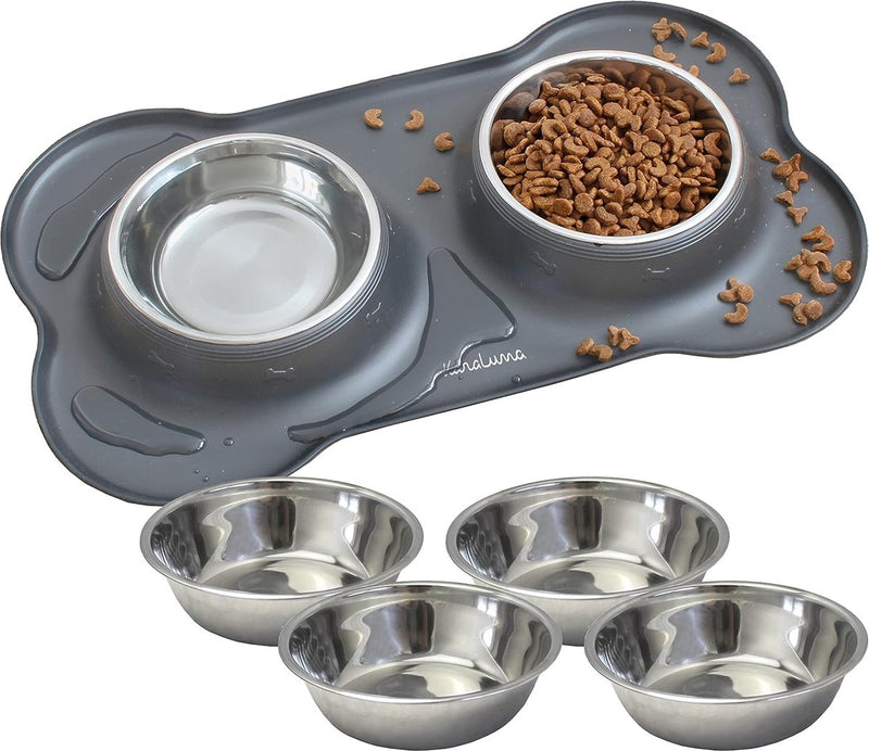 Voerbakmat van siliconen met roestvrijstalen voerbak, voor katten en honden (200 ml, grijs)