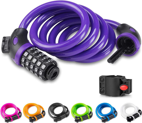 Fietsslot met 5-cijferige code, 1,2 m lang, cijferslot wiel met kabel, zeer licht, veiligheidsslot voor fiets en mountainbike met houder (paars)