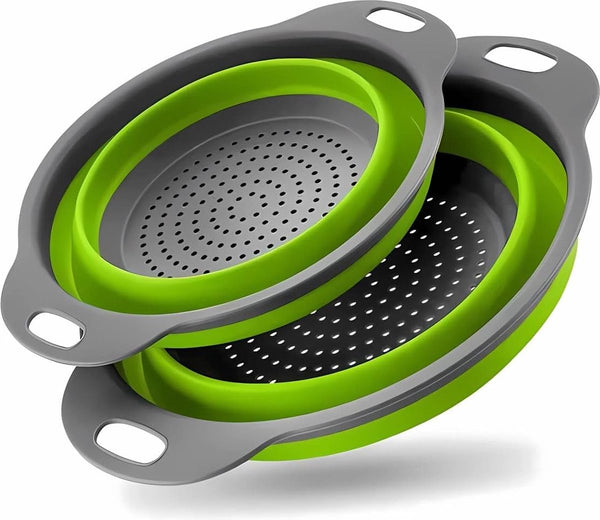 Opvouwbare zeef, keukenzeef, siliconen, inklapbare vergiet noedelzeef, keukenzeef, afwasbak van pasta, fruit, groenten, 2 maten (24,5 + 29,2 cm) (groen)