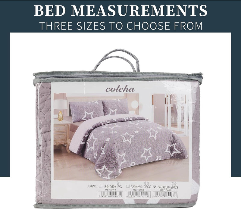 Boutis Spring/Summer Bedspread Two Tone Reversible Star Pattern + 2 Pillow Cases 50 x 70 cm Lightweight Thin Transitional Season Bedspread (Bed 150 cm, 240 x 260 cm)