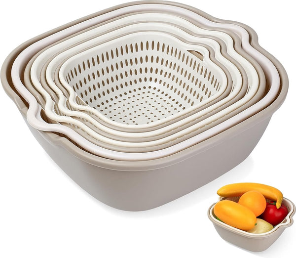 8-delige multifunctionele keukenzeefset, 2-in-1 keukenzeef, keukenvergiet, pastazeef, kunststof dubbellaagse afvoermand, rijstwaskom met zeef, gootsteenzeef voor fruit,