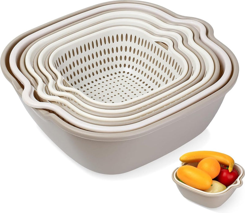 8-delige multifunctionele keukenzeefset, 2-in-1 keukenzeef, keukenvergiet, pastazeef, kunststof dubbellaagse afvoermand, rijstwaskom met zeef, gootsteenzeef voor fruit,