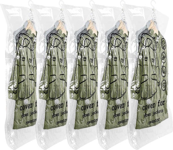 Vacuümzakken voor kleding, verpakking van 5 stuks, hangende vacuümzakken voor kleding (135 x 70 cm), vacuümzakken voor kleding voor pakken, jassen, jassen, vacuümkledingzakken met haken, ruimtebesparend