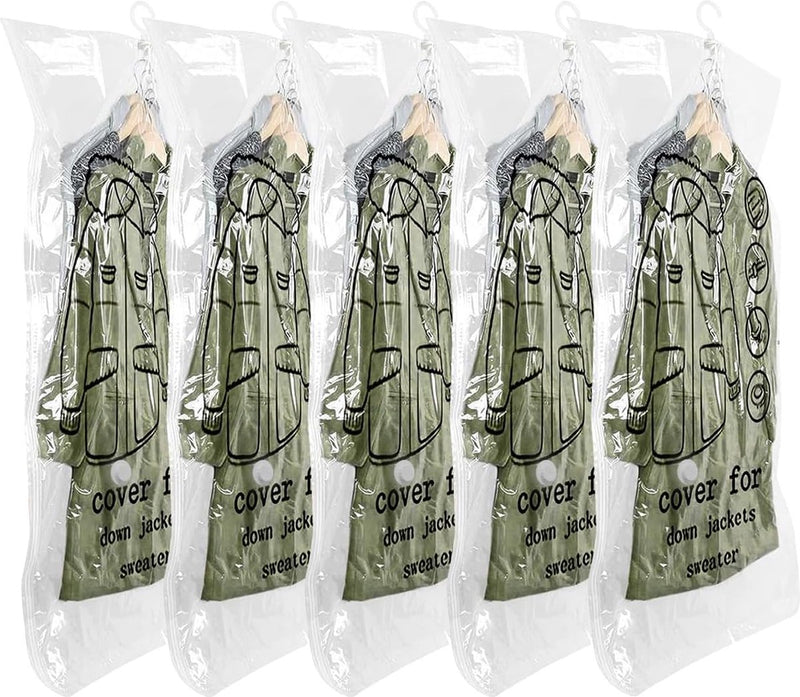 Vacuümzakken voor kleding, verpakking van 5 stuks, hangende vacuümzakken voor kleding (135 x 70 cm), vacuümzakken voor kleding voor pakken, jassen, jassen, vacuümkledingzakken met haken, ruimtebesparend