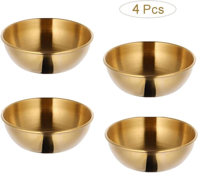 Set van 4 gouden sauskommen, roestvrijstalen minidipkommen, ronde dompelkommen, roestvrijstalen kleine serveerschalen, ronde serveerschalen, roestvrijstalen sauskom, sojasaus, ketchup, kruiden,
