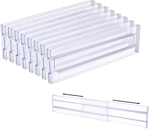 Kunststof ladeverdeler, verstelbaar, set van 8 (30,99 - 55,12 cm), transparante ladeverdeler, lade-organizer voor keukenopslag, slaapkamer, commode, met dubbelzijdig plakband