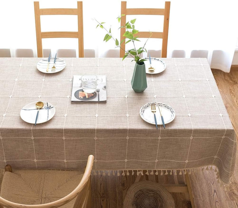 Tafelkleed katoen, 240 x 140 cm, linnen, beige, afwasbaar, rechthoekig, tafelkleed met kwastjes, voor thuis, keuken, eettafel, decoratie