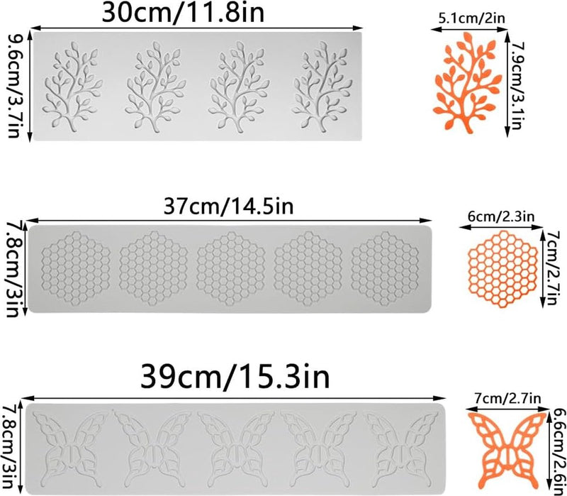 3 stuks puntvormige matte siliconen vormen, fondant, boomblad, kanten fondant-vormen voor suiker, kinderen